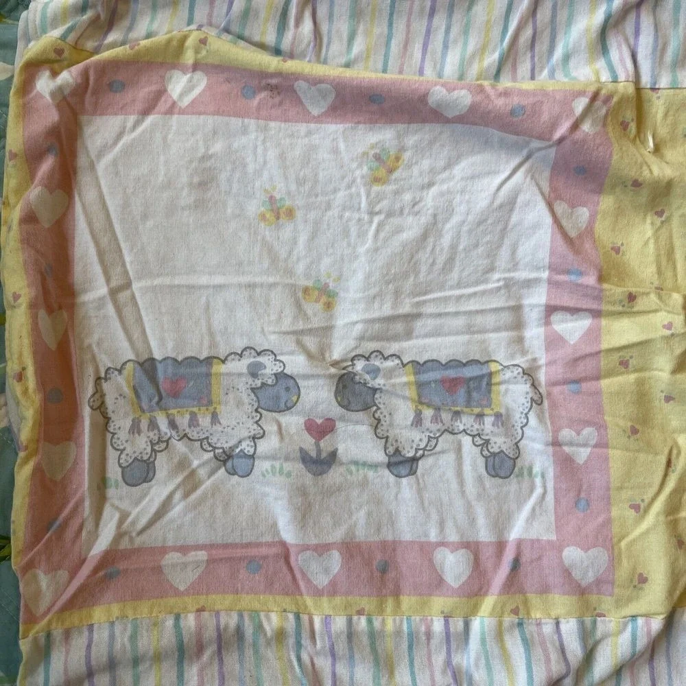 Vintage Carters Baby Blanket Bunny Cat Sheep Mouse‎ Quilt Pastel Spring Stripe